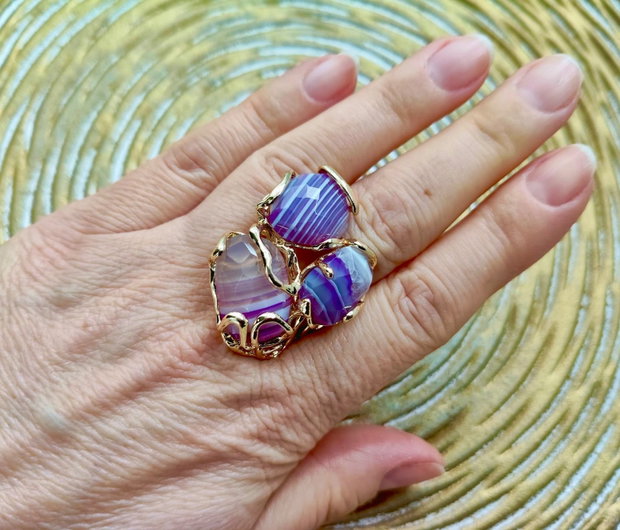 Inel zamac aurit & agate dantela mov
