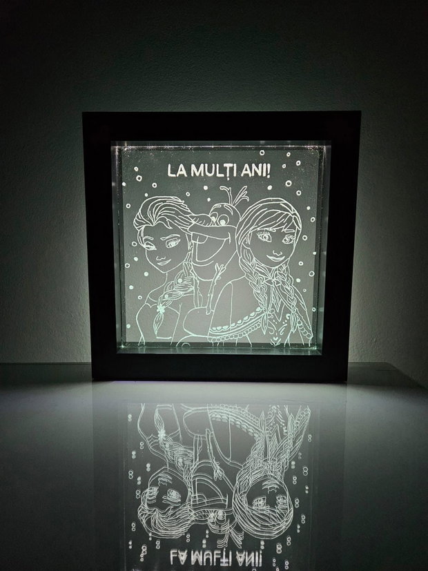 Lampă LED cu geam din STICLA - Cadou - La Mulți Ani - FROZEN - ELSA, ANA & OLAF - Gravata Manual