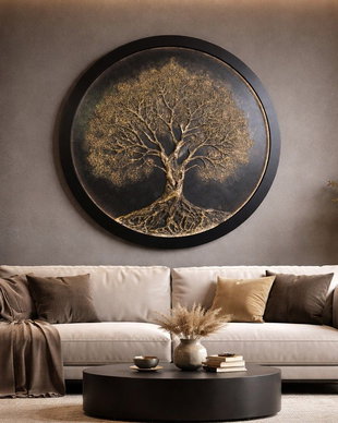 Tablou LED 92 cm  Arborele Vieții 3D | Foiță de Aur | USB | Handmade