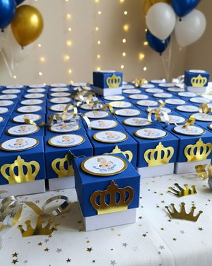 Cutii mărturii botez Micul Prinț decorate cu decupaj coronita aurie