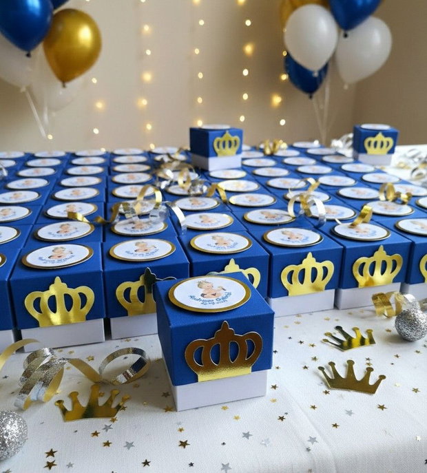 Cutii mărturii botez Micul Prinț decorate cu decupaj coronita aurie