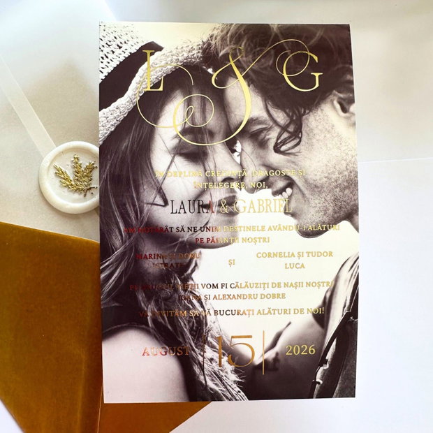 Invitatie foto cu folio auriu