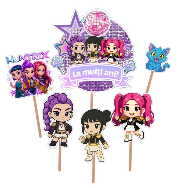 Figurine pentru tort Huntrix K Pop Demon Hunters  Set 6 toppere aniversare copii