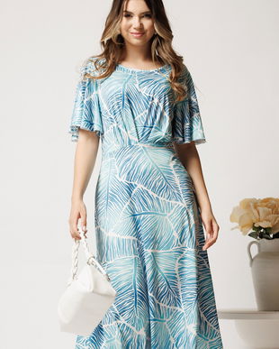 Rochie midi alba cu imprimeu albastru din viscoza in clos cu pliuri pe bust