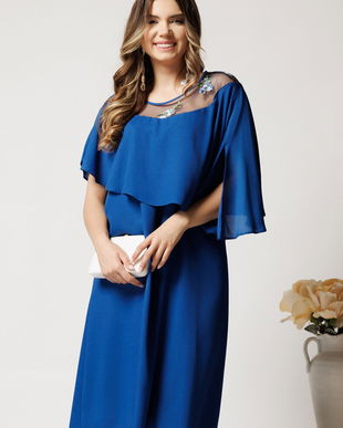 Rochie midi albastra din voal dreapta cu volan si broderie pe bust