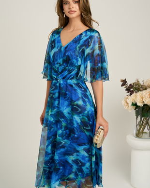 Rochie midi albastra din voal in clos cu imprimeuri si maneci vaporoase