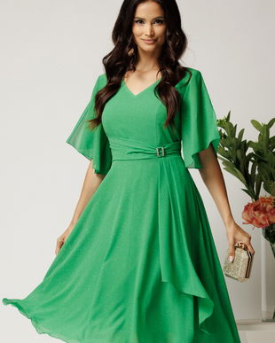 Rochie midi verde din voal in clos cu glitter si accesoriu in talie