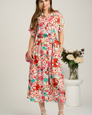 Rochie midi alba cu flori corai din viscoza in clini cu nasturi si cordon in talie