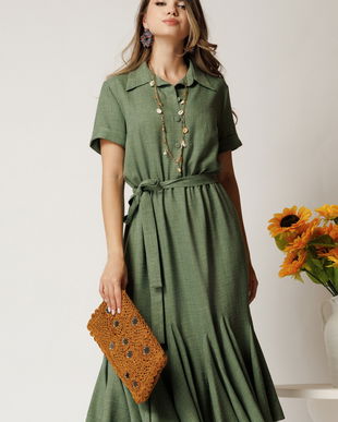 Rochie midi kaki din viscoza in clos cu nasturi si cordon