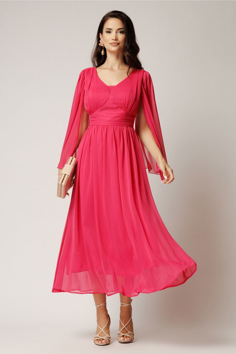 Rochie lunga fucsia din voal creponat in clos cu maneci despicate