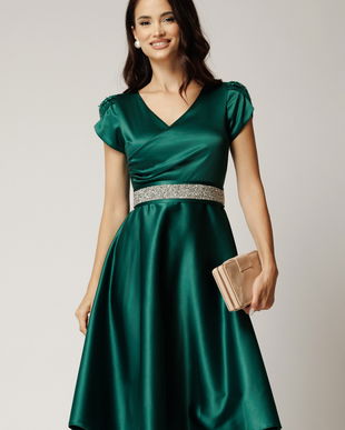 Rochie Amira midi verde din tafta cu paiete pe maneci si cordon in talie