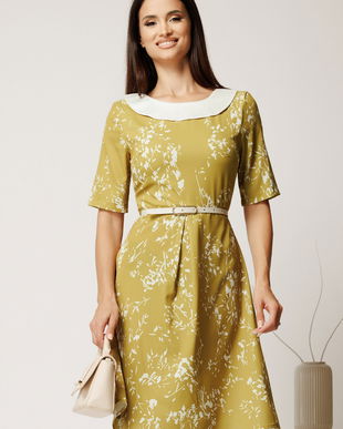 Rochie scurta galben mustar din triplu voal cu imprimeu alb si curea in talie