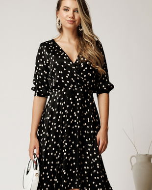 Rochie scurta neagra din satin cu buline