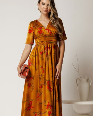 Rochie midi galben mustar din satin cu talie marcata