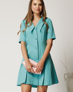 Rochie scurta turcoaz din stofa in clini cu nasturi si guler maxi