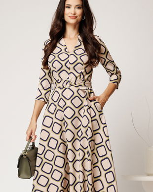 Rochie midi bej din crep cu imprimeu geometric lime si cordon in talie