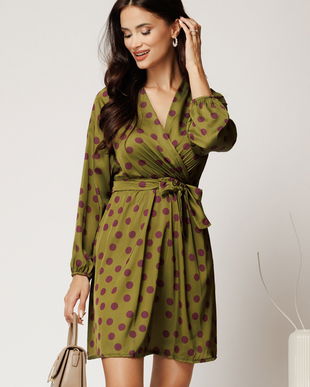 Rochie scurta kaki din satin cu buline mov si cordon in talie