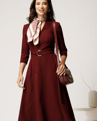 Rochie midi bordo din stofa cu cordon in talie