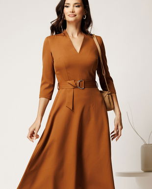 Rochie midi maro din stofa cu cordon in talie