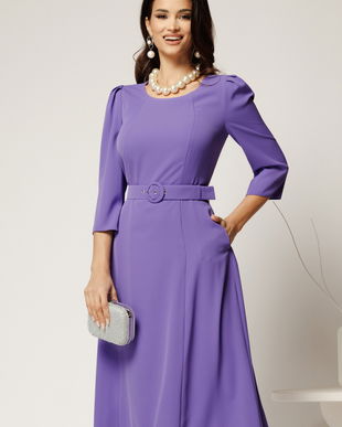 Rochie midi lila din triplu voal cu croi clos si curea in talie