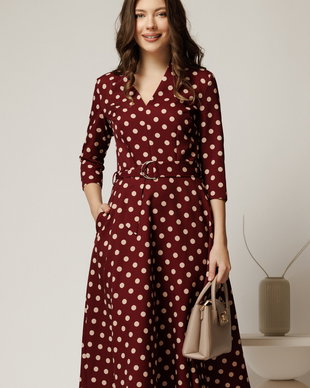 Rochie midi bordo cu buline din stofa cu cordon in talie