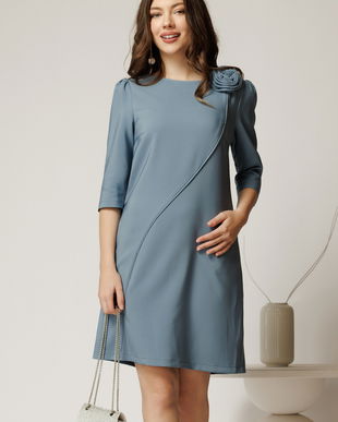 Rochie office din stofa bleu cu floare pe umar