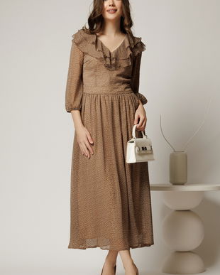 Rochie midi din voal bej cu buline si volanase la decolteu