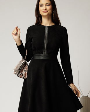 Rochie DY Fashion din stofa velur neagra cu fermoar metalic decorativ și inserții din piele