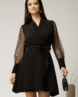 Rochie Kim neagra petrecuta cu maneci cu buline catifelate