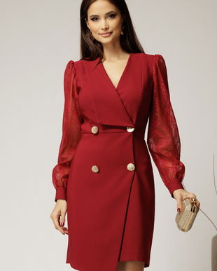 Rochie bordo scurta tip sacou cu maneci din dantela
