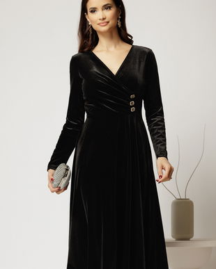 Rochie midi din catifea neagra cu bustul petrecut si nasturi eleganti