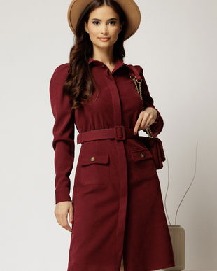 Rochie DY Fashion bordo din catifea reiata tip camasa si curea in talie