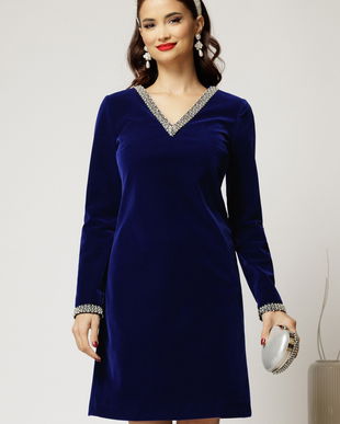 Rochie DY Fashion bleumarin din catifea fixa cu perle la decolteu si maneci