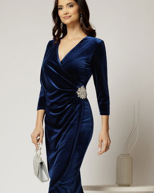 Rochie Felicia bleumarin cu aplicatie tip floare cu strassuri