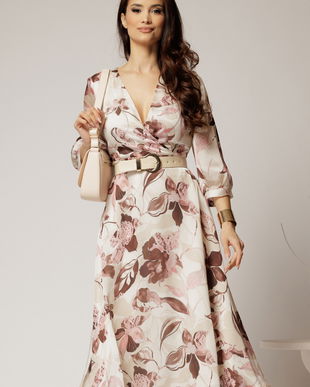 Rochie midi ivoar din voal usor satinat cu imprimeuri si decolteu petrecut