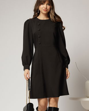 Rochie DY Fashion scurta neagra cu nasturi pe bust si fusta tip A