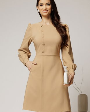 Rochie DY Fashion scurta bej cu nasturi pe bust si fusta tip A