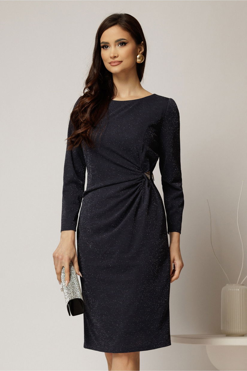 Rochie midi bleumarin cu lurex si detaliu pe talie