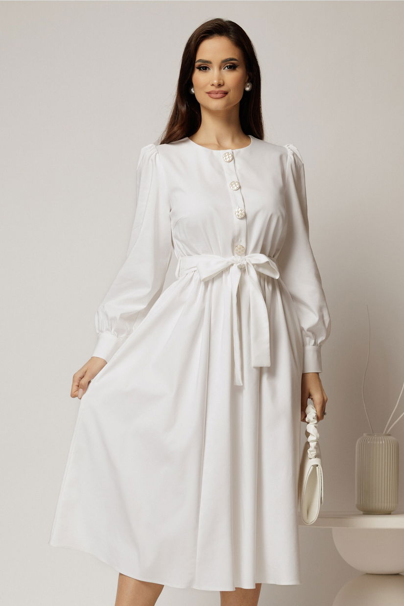 Rochie DY Fashion midi alba din bumbac cu nasturi pe bust si cordon in talie