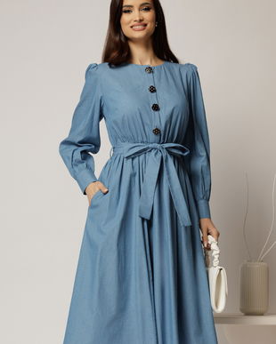Rochie DY Fashion midi albastra din bumbac cu nasturi pe bust si cordon in talie