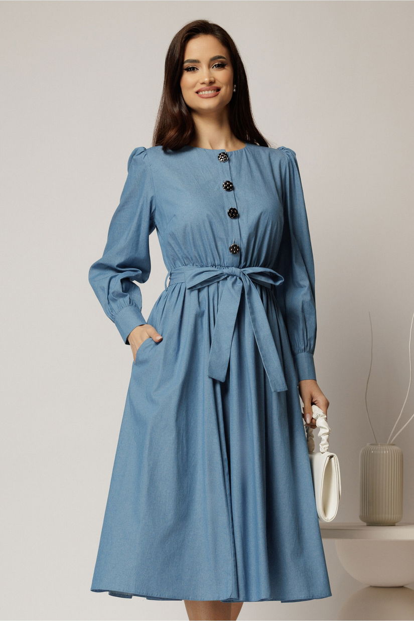 Rochie DY Fashion midi albastra din bumbac cu nasturi pe bust si cordon in talie