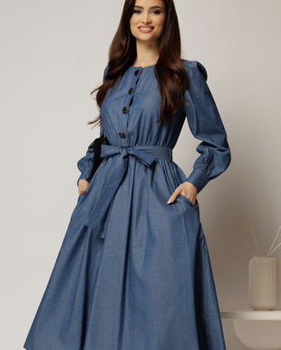 Rochie DY Fashion midi bleumarin din bumbac cu nasturi pe bust si cordon in talie