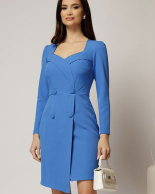 Rochie scurta albastra cu maneci lungi si nasturi imbracati