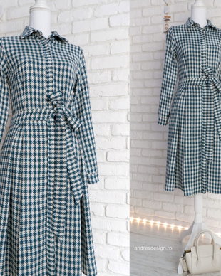 Rochie Camasa cu Pliuri Stofa Turcoaz cu Crem