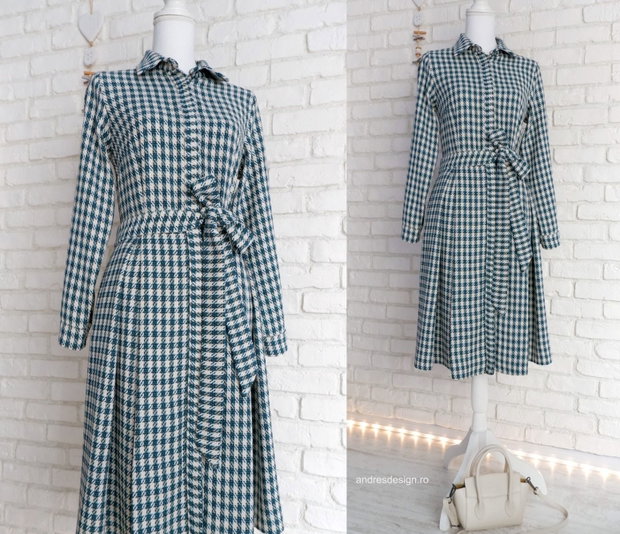 Rochie Camasa cu Pliuri Stofa Turcoaz cu Crem