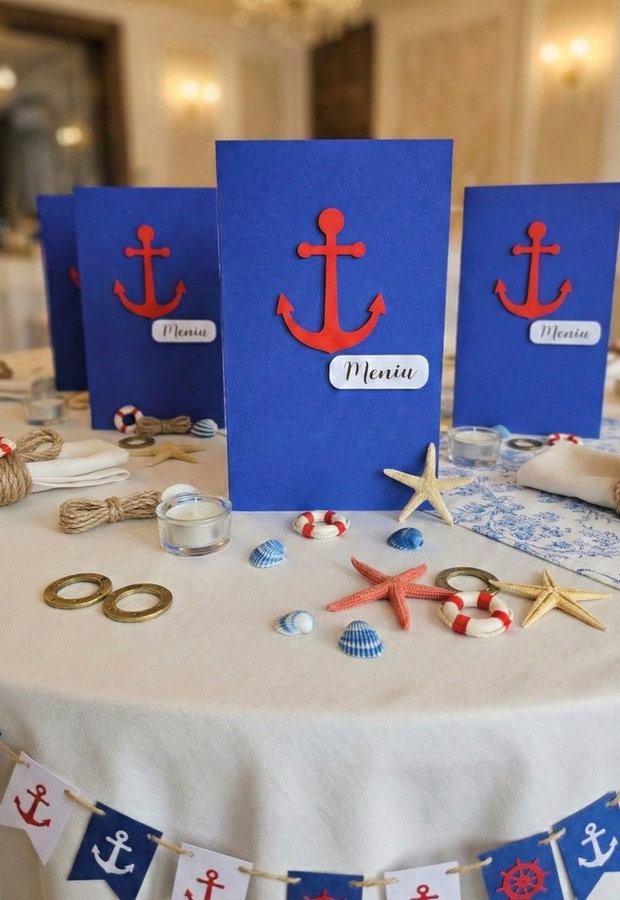Meniuri botez tematică marină decorate cu ancoră