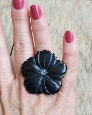 Inel floare din obsidian / inel reglabil argint