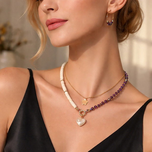 Set Colier și Cercei- Gold Sidef Purple Flame