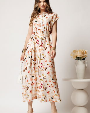 Rochie lunga de zi ivory cu frunze maro din in cu croi drept si cordon in talie