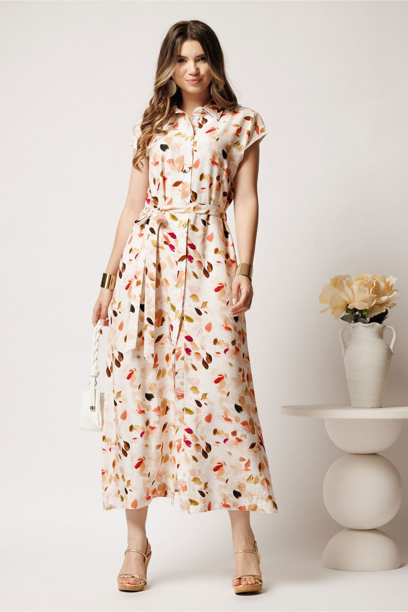 Rochie lunga de zi ivory cu frunze maro din in cu croi drept si cordon in talie